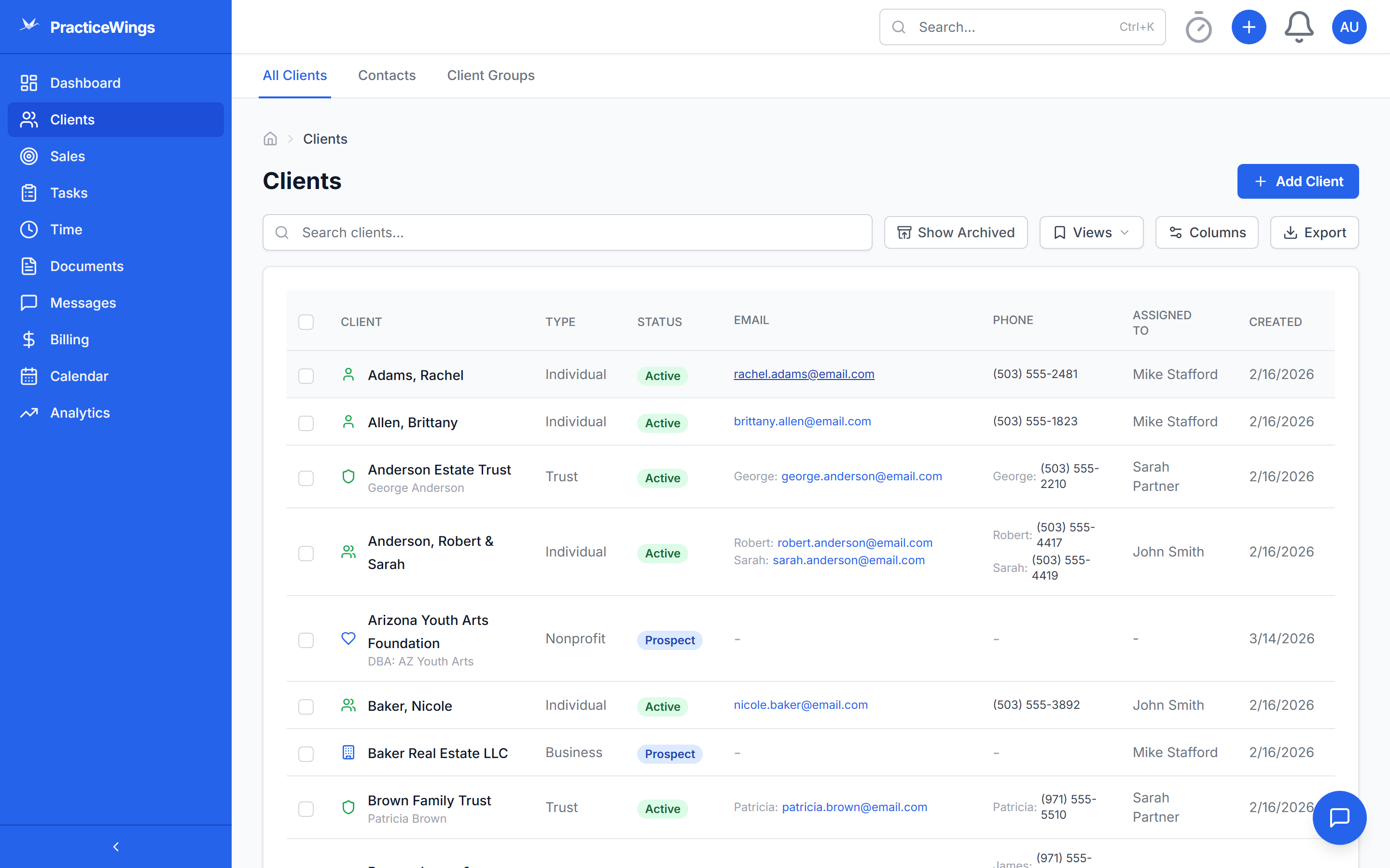 Client detail view showing contacts, engagements, documents, and activity in one place
