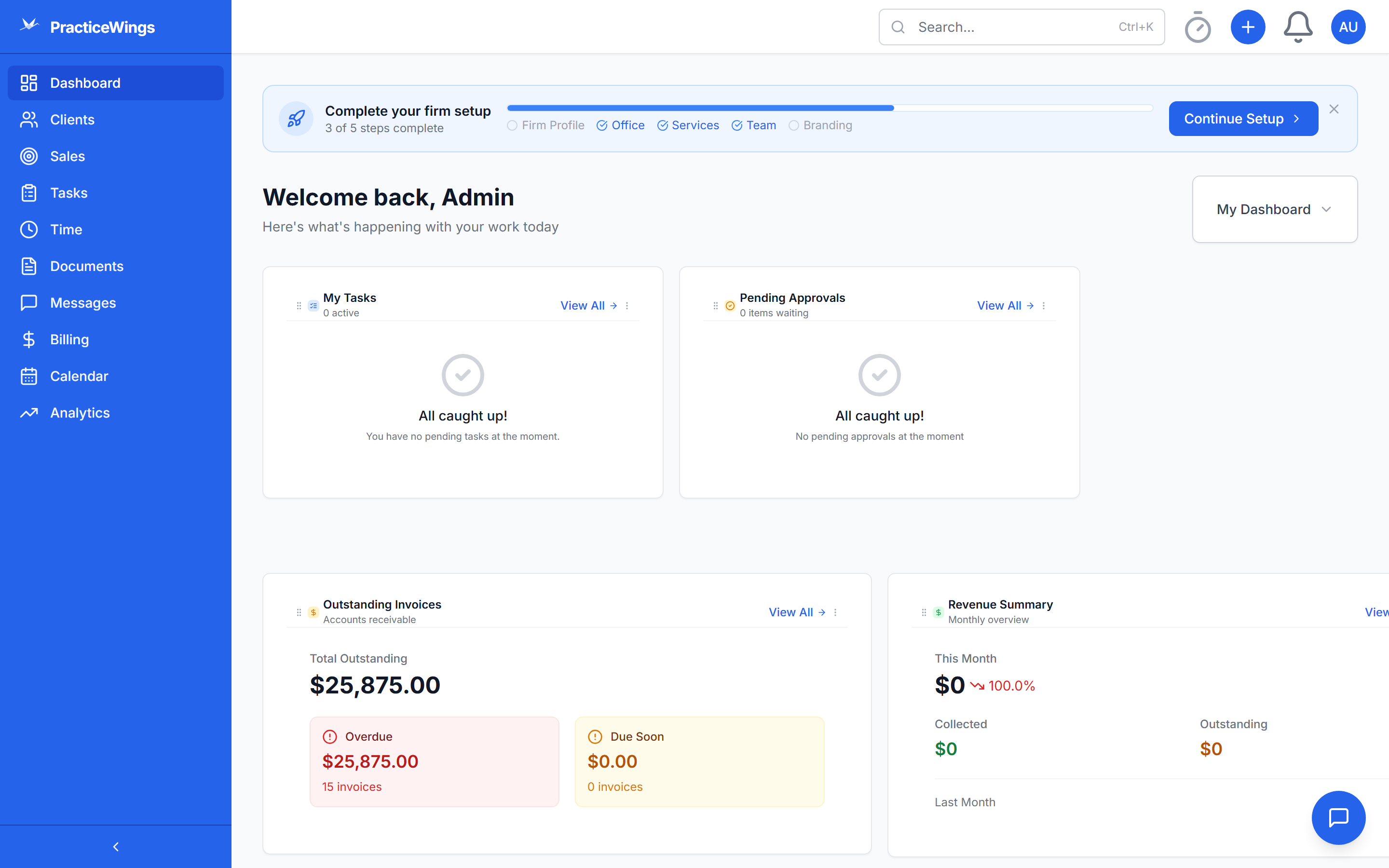 PracticeWings dashboard showing firm performance, team workload, and upcoming deadlines at a glance
