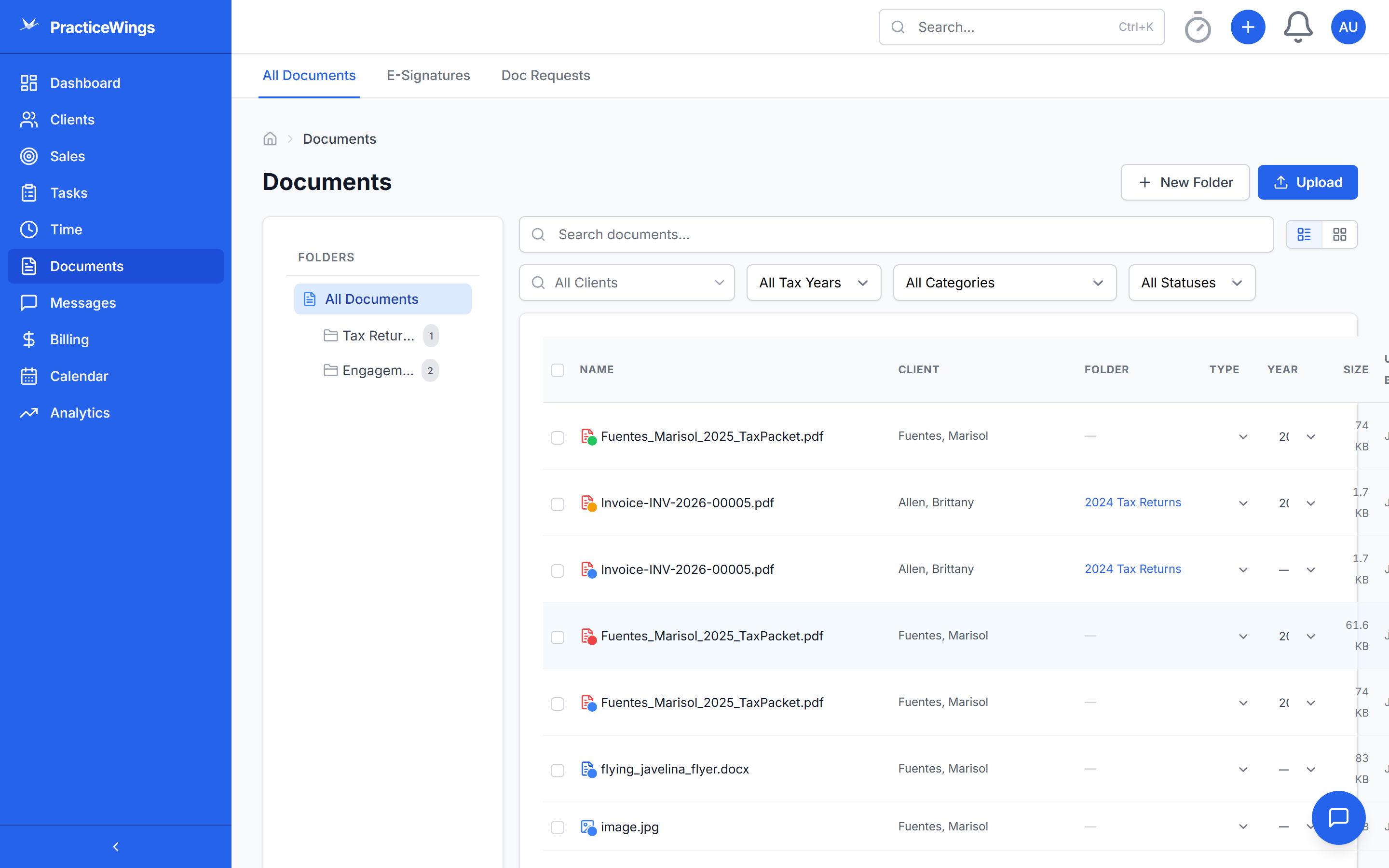 Document request checklist with client upload status
