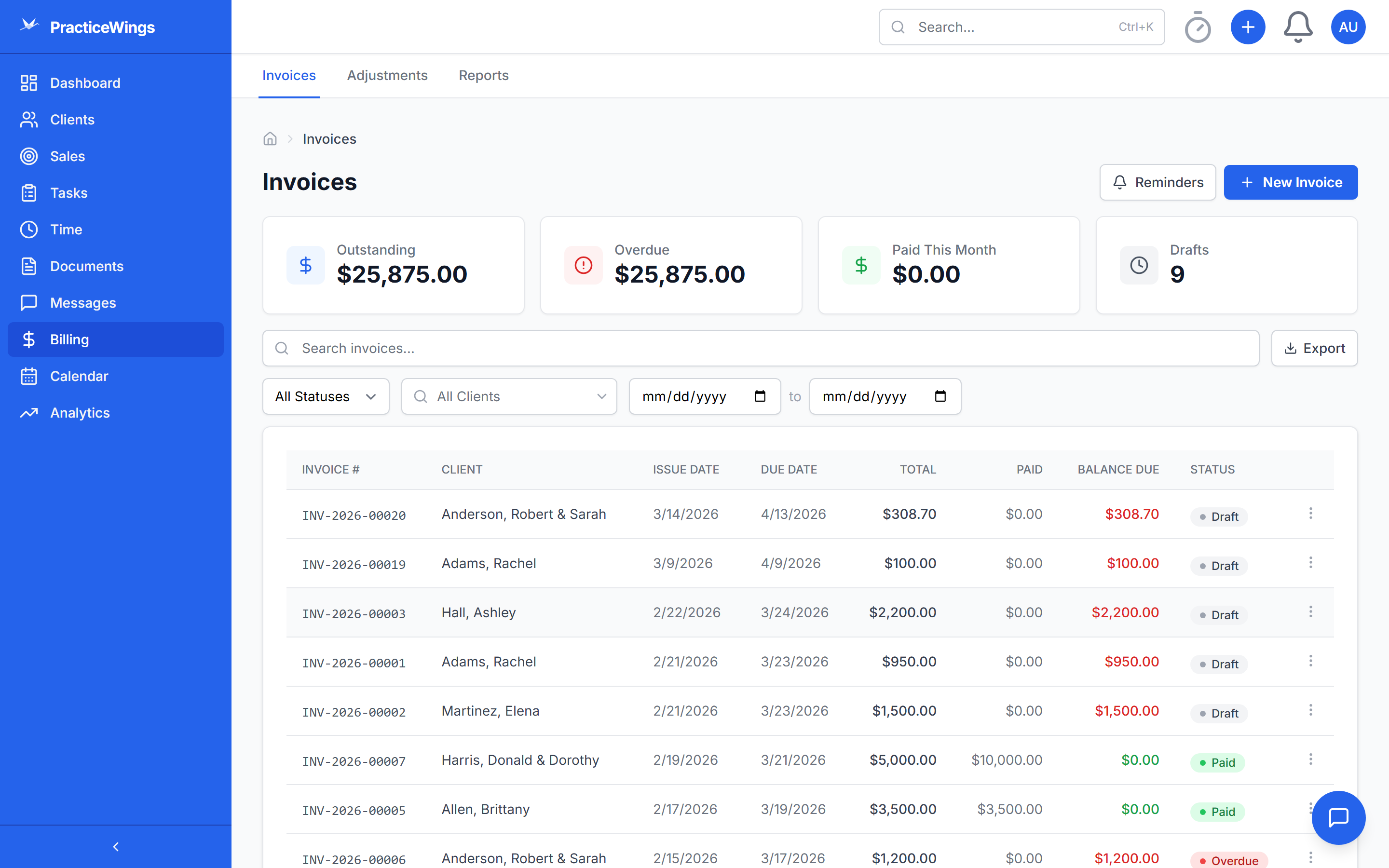 Invoice management showing one-click generation and online payment tracking