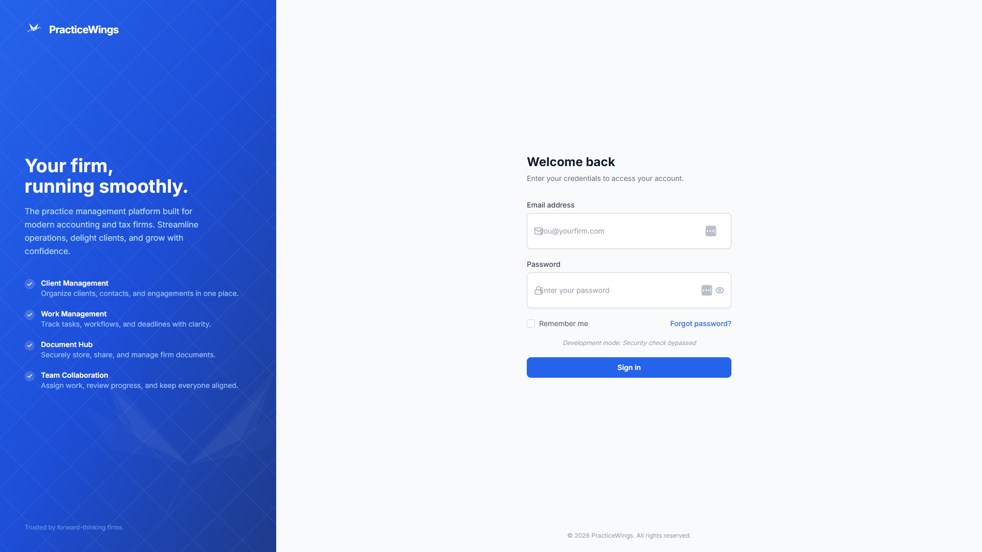 PracticeWings login page